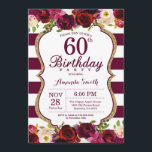 Burgundy Floral 60th Birthday Party Invitation Kaart<br><div class="desc">Burgundy Floral 60th Birthday Party Invitation for women. Burgundy Red en Gold Birthday Party nodigen uit. Gold Glitter. Florale bloem van de Bourgogne Waterverf. Bourgogne en witte strepen. 13e 15e 16e 18e 21e 30e 40e 50e 60e 70e 90e 100e, Alle leeftijden. Afdrukbaar digitaal. Voor verdere aanpassing, te klikken gelieve de...</div>