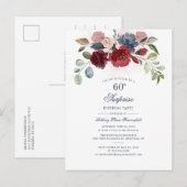 Burgundy Floral 60th Birthday Surprise Party Uitnodiging Briefkaart (Voorkant / Achterkant)