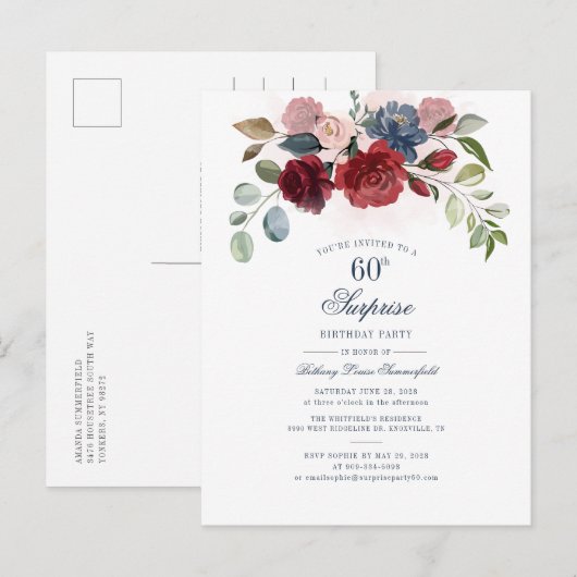Burgundy Floral 60th Birthday Surprise Party Uitnodiging Briefkaart (Voorkant / Achterkant)