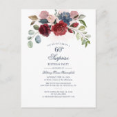 Burgundy Floral 60th Birthday Surprise Party Uitnodiging Briefkaart (Voorkant)