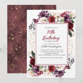 Burgundy Floral 70th Birthday Invitation Kaart (Voorkant / Achterkant)