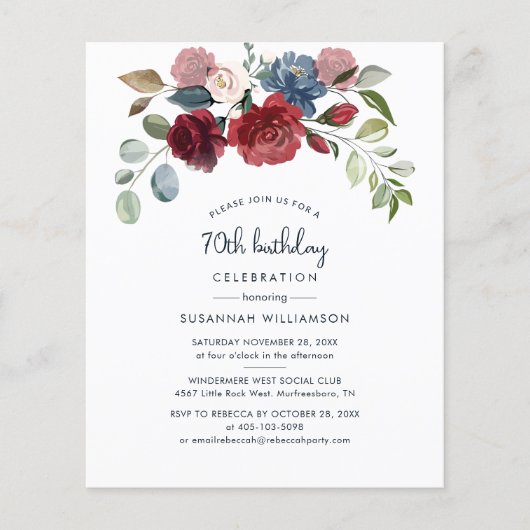 Burgundy Floral 70th Birthday Party Invitation (Voorkant)