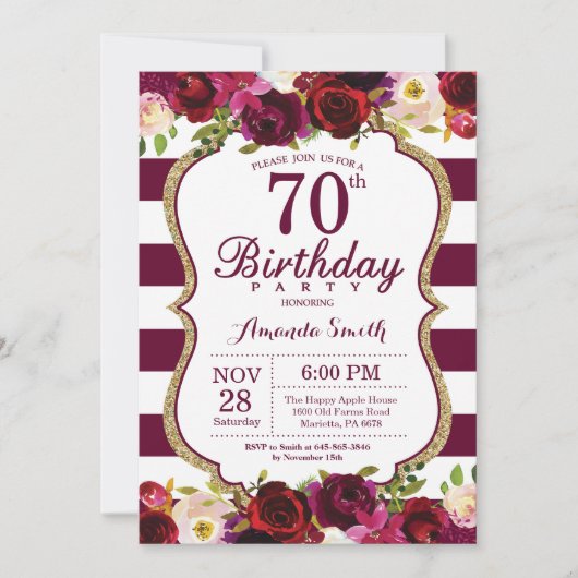 Burgundy Floral 70th Birthday Party Invitation Kaart (Voorkant)