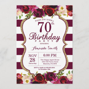 Burgundy Floral 70th Birthday Party Invitation Kaart