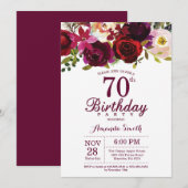 Burgundy Floral 70th Birthday Party Invitation Kaart (Voorkant / Achterkant)