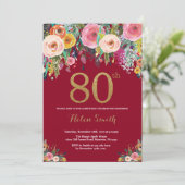 Burgundy Floral 80th Birthday Invitation Gold Kaart (Staand voorkant)