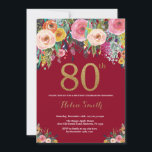 Burgundy Floral 80th Birthday Invitation Gold Kaart<br><div class="desc">Burgundy Floral 80th Birthday Invitation for Women. Waterverf Floral Flower. Zwart en goudglitter. Roze,  geel,  Oranje,  Paars ventilator. Volwassen verjaardag. Voor verdere aanpassing,  te klikken gelieve de knoop "van de Aanpassing het"en ons ontwerphulpmiddel te gebruiken om deze sjabloon te wijzigen.</div>