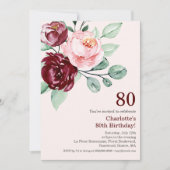 Burgundy Floral 80th Birthday Invitation Kaart (Voorkant)