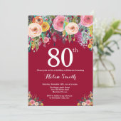 Burgundy Floral 80th Birthday Invitation Kaart (Staand voorkant)