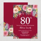 Burgundy Floral 80th Birthday Invitation Kaart (Voorkant / Achterkant)