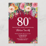 Burgundy Floral 80th Birthday Invitation Kaart<br><div class="desc">Burgundy Floral 80th Birthday Invitation for Women. Waterverf Floral Flower. Burgundy Background Roze, geel, Oranje, Paars ventilator. Volwassen verjaardag. 13e 15e 16e 18e 21e 30e 40e 50e 60e 70e 90e 100e, Alle leeftijden. Voor verdere aanpassing, te klikken gelieve de knoop "van de Aanpassing het"en ons ontwerphulpmiddel te gebruiken om deze...</div>