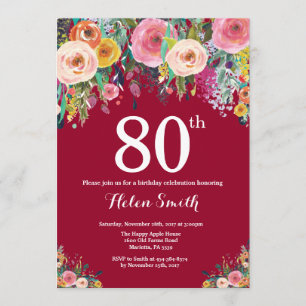 Burgundy Floral 80th Birthday Invitation Kaart