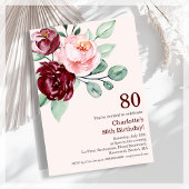 Burgundy Floral 80th Birthday Invitation Kaart