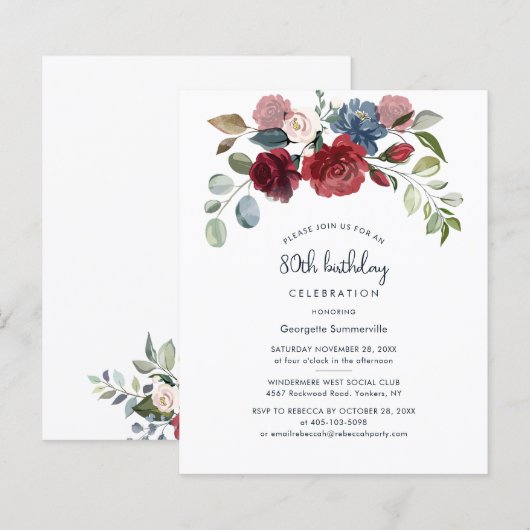 Burgundy Floral 80th Birthday Party Invitation (Voorkant / Achterkant)