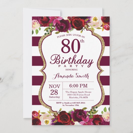 Burgundy Floral 80th Birthday Party Invitation Kaart (Voorkant)