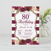Burgundy Floral 80th Birthday Party Invitation Kaart (Staand voorkant)