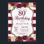 Burgundy Floral 80th Birthday Party Invitation Kaart<br><div class="desc">Bourgogne Floral 80ste verjaardag Party Uitnodiging voor vrouwen. Bourgondië Rood en Goud Verjaardagsfeest Uitnodigen. Gouden Glitter. Bourgogne Waterverf Bloemenbloem. Bourgondië en witte strepen. 13e 15e 16e 18e 20e 21e 30e 40e 50e 60e 70e 80e 90e 100e, Alle leeftijden. Printbaar digitaal. Voor verdere aanpassing klikt u op de knop "Aanpassen" en...</div>