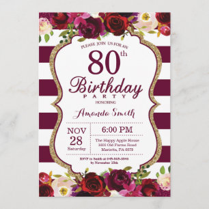Burgundy Floral 80th Birthday Party Invitation Kaart