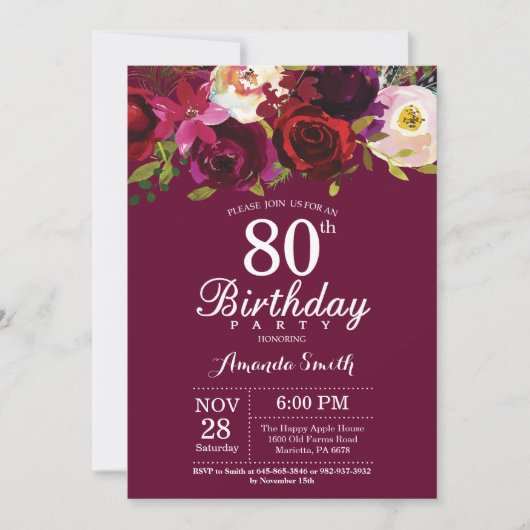 Burgundy Floral 80th Birthday Party Invitation Kaart (Voorkant)