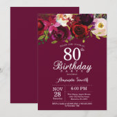 Burgundy Floral 80th Birthday Party Invitation Kaart (Voorkant / Achterkant)