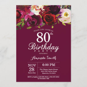 Burgundy Floral 80th Birthday Party Invitation Kaart