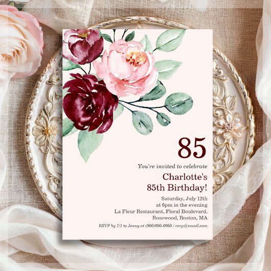 Burgundy Floral 85th Birthday Invitation Kaart