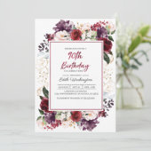 Burgundy Floral 90th Birthday Invitation Kaart (Staand voorkant)