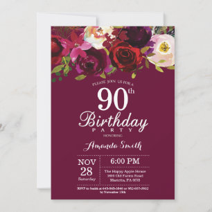 Burgundy Floral 90th Birthday Party Invitation Kaart
