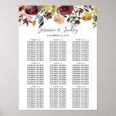 Burgundy Floral 9 Tables Wedding Seding Chart Poster (Voorkant)