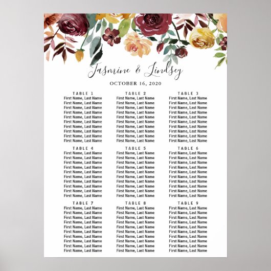 Burgundy Floral 9 Tables Wedding Seding Chart Poster (Voorkant)