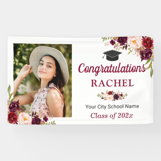 Burgundy Floral Afstuderen Fotogradatie Partij Spandoek (Horizontaal)