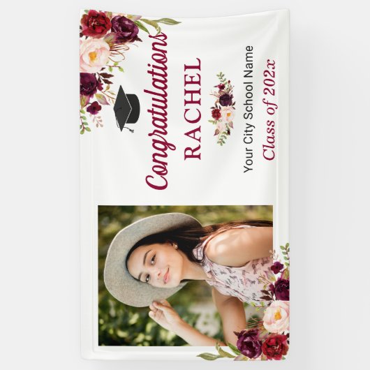 Burgundy Floral Afstuderen Fotogradatie Partij Spandoek (Verticaal)