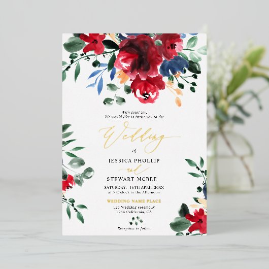 Burgundy floral all in one calligraphy bruiloft folie uitnodiging (Staand Voorkant)