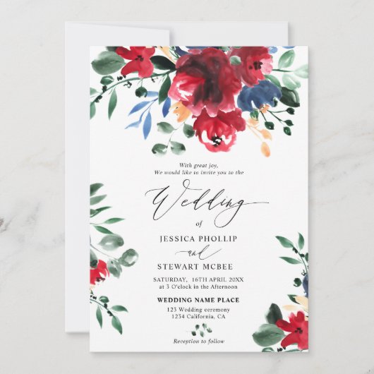 Burgundy floral all in one calligraphy bruiloft kaart (Voorkant)