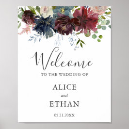 Burgundy Floral and Greenery Wedding Welcome Sign Poster