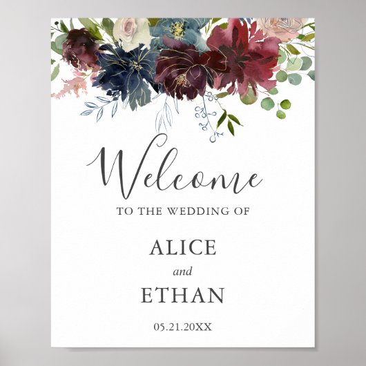 Burgundy Floral and Greenery Wedding Welcome Sign Poster (Voorkant)