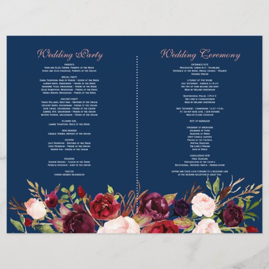 Burgundy Floral Antlers Blue Wedding Programme Flyer (Achterkant)