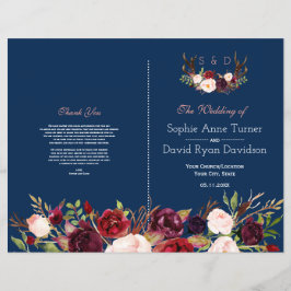 Burgundy Floral Antlers Blue Wedding Programme Flyer