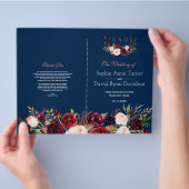 Burgundy Floral Antlers Blue Wedding Programme Flyer (Hand)