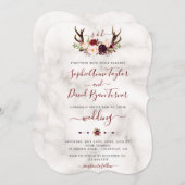 Burgundy Floral Antlers Calligrafie Marmer Wedding Kaart (Voorkant / Achterkant)