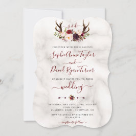 Burgundy Floral Antlers Calligrafie Marmer Wedding Kaart