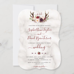 Burgundy Floral Antlers Calligrafie Marmer Wedding Kaart