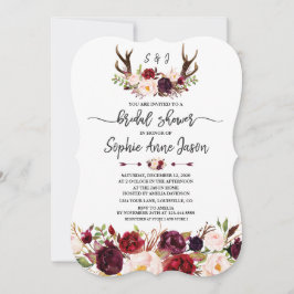 Burgundy Floral Antlers Handwriting Bridal Shower Kaart