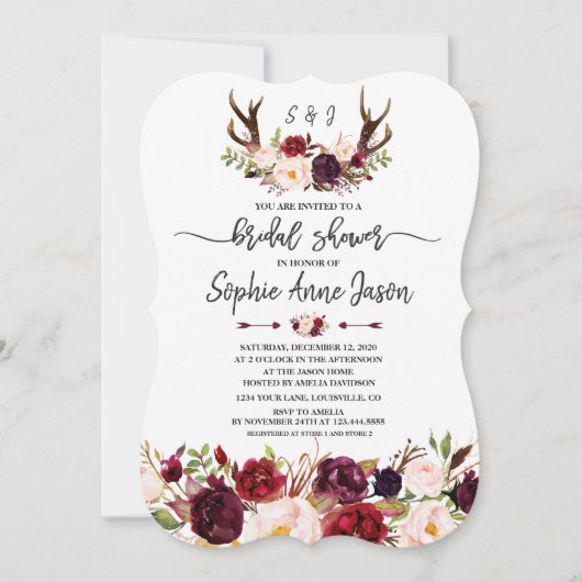 Burgundy Floral Antlers Handwriting Bridal Shower Kaart (Voorkant)