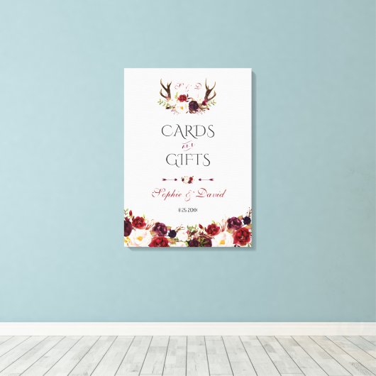 Burgundy Floral Antlers Kaarten en cadeaubonnen br Canvas Afdruk (Insitu (Houten vloer))