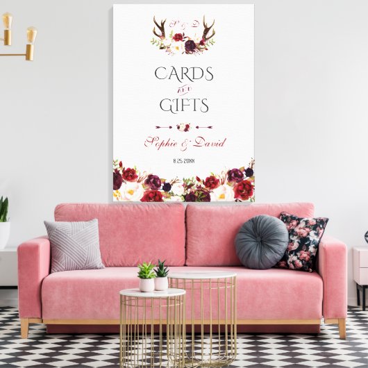 Burgundy Floral Antlers Kaarten en cadeaubonnen br Canvas Afdruk (Insitu (Woonkamer))