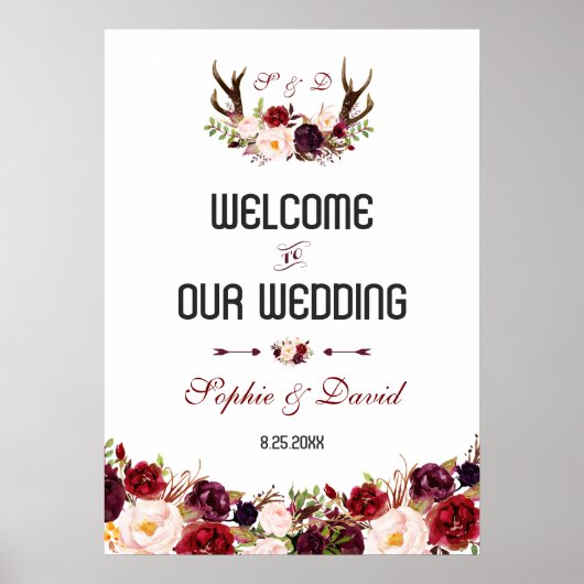 Burgundy Floral Antlers Welkomstbord Poster (Voorkant)