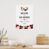 Burgundy Floral Antlers Welkomstbord Poster (Keuken)