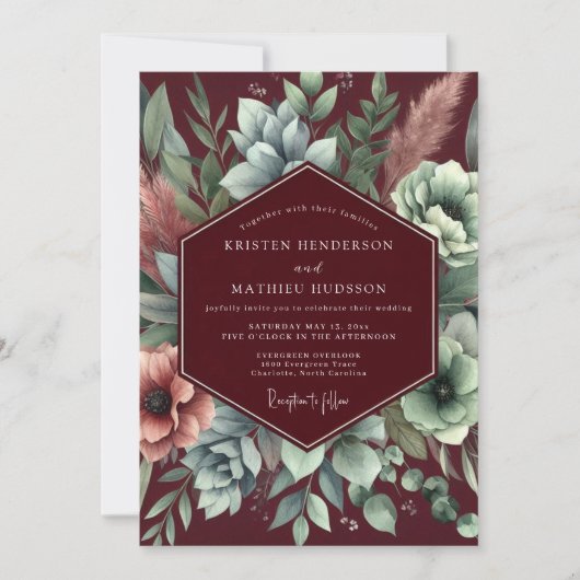 Burgundy Floral Assemblage Wedding Kaart (Voorkant)