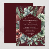 Burgundy Floral Assemblage Wedding Kaart (Voorkant / Achterkant)